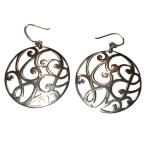 VTG Sterling Silver Round Filigree Vines Design Shepherds Hook Dangle Earrings